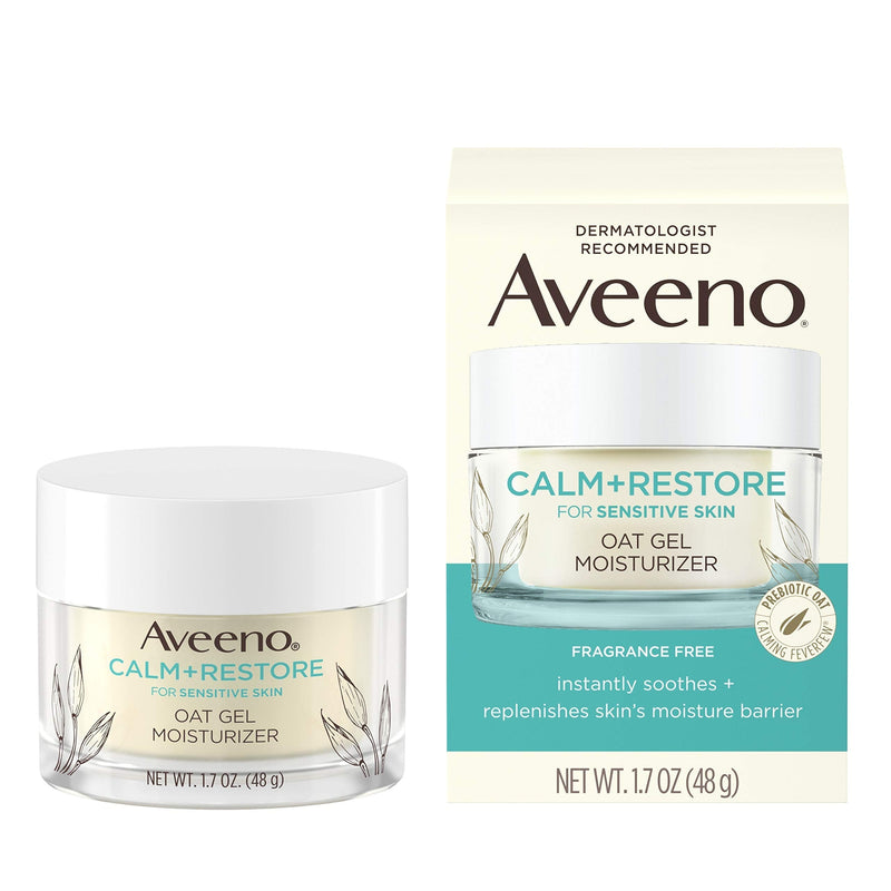 Aveeno Calm + Restore Oat Gel Facial Moisturizer for Sensitive Skin, Lightweight Gel Cream Face Moisturizer with Prebiotic Oat and Feverfew, Hypoallergenic, Fragrance- and Paraben-Free, 1.7 oz Aveeno