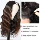 UNice Ombre Highlight U Part Wig Human Hair Body Wave for Black Women Middle Part, Brazilian Virgin Hair Glueless Full Head U Shape Clips in Half Wig 150% Density 16inch UNICE Store
