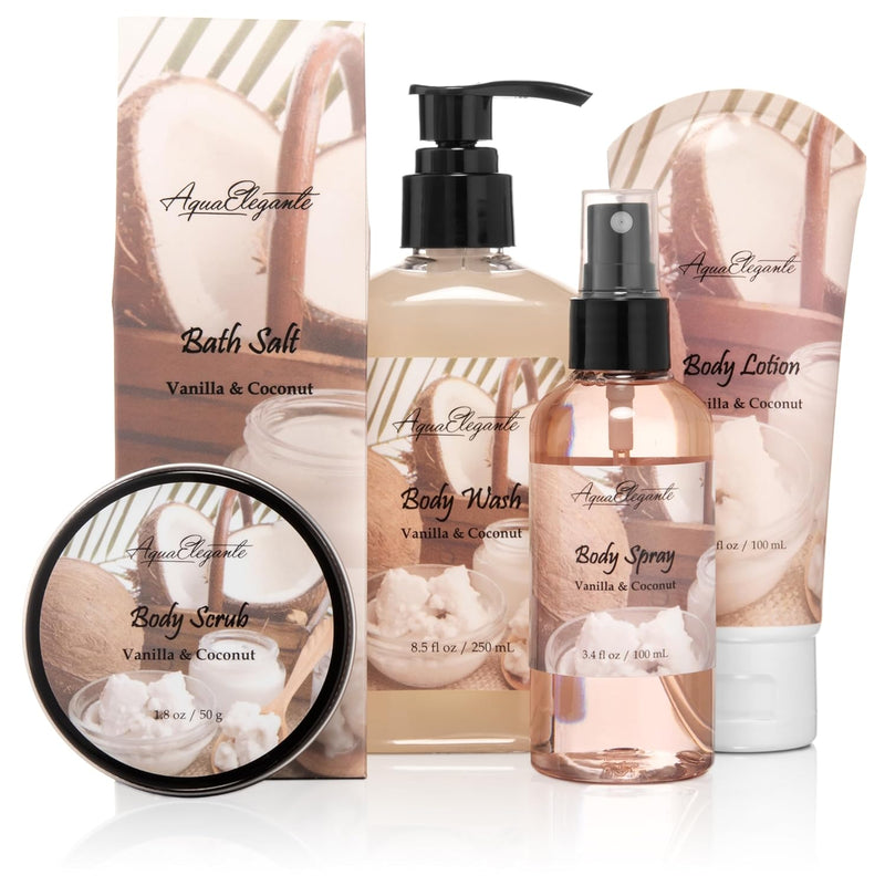 Bath Spa Gift Sets - Luxury Basket With Coconut & Vanilla - Spa Kit Includes Wash, Bubble Bath, Lotion, Bath Salts, Body Scrub, Body Spray, Shower Puff, Bathbombs, Soap and Towel
