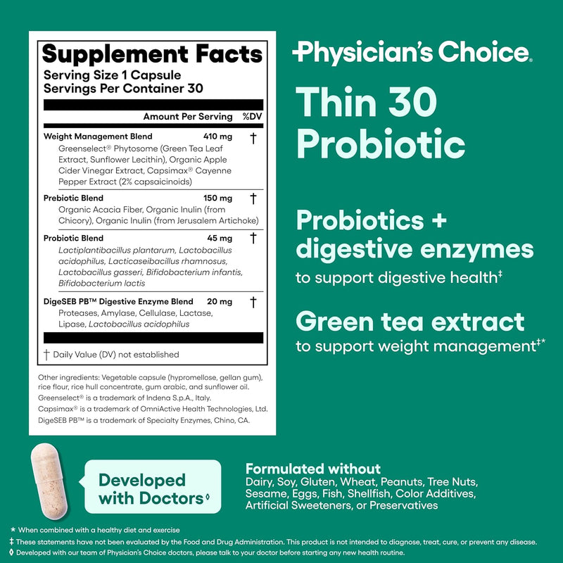 Physician's CHOICE Probiotics for Weight Management & Bloating - 6 Probiotic Strains - Prebiotics - Key ingredient Cayenne - Supports Gut Health - Weight Management for Women & Men - Green Tea - 30 CT Infinity Warehouse