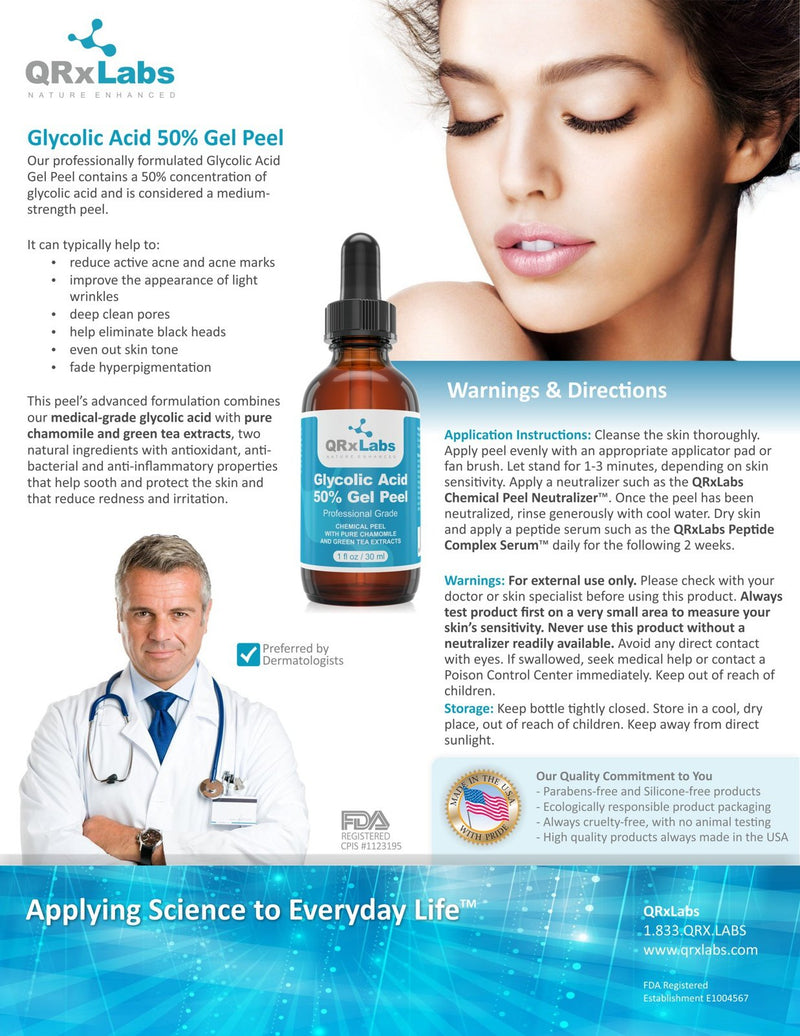 Glycolic Acid 50% Gel Peel with Chamomile and Green Tea Extracts - Professional Grade Chemical Face Peel for Acne Scars, Collagen Boost, Wrinkles, Fine Lines - Alpha Hydroxy Acid - 1 Bottle of 1 fl oz QRxLabs