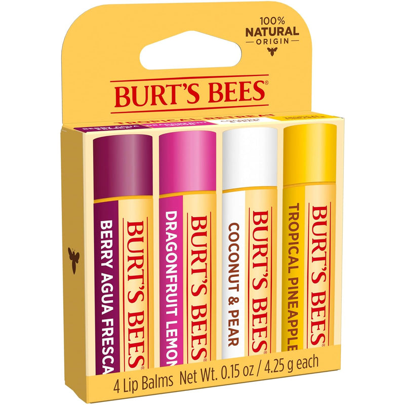 Burt's Bees Lip Balm - Berry Agua Fresca, Dragonfruit Lemon, Coconut & Pear, Tropical Pineapple Pack, With Beeswax, Tint-Free, Natural Origin Lip Treatment, 4 Tubes, 0.15 oz. Infinity Warehouse