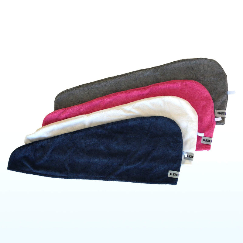 Turbie Twist Microfiber Hair Towel Wrap for Women and Men | 4 Pack | Bathroom Essential Accessories | Quick Dry Hair Turban for Drying Curly, Long & Thick Hair (Pink, Blue, Grey, White) Turbie Twist