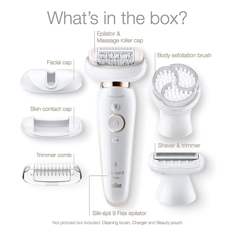 Braun Epilator for Women with Flexible Head, Silk-épil 9 9-030 for Hair Removal, Womens Shaver & Trimmer, Wet & Dry, Cordless, Rechargeable, Beauty Kit with Body Exfoliation Cap, White/Gold Braun Store