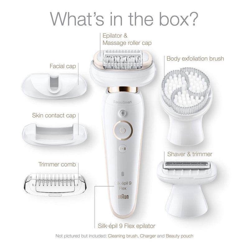 Braun Epilator Silk-épil 9 9-030 with Flexible Head, Facial Hair Removal for Women and Men, Shaver & Trimmer, Cordless, Rechargeable, Wet & Dry, Beauty Kit with Body Massage Pad Braun