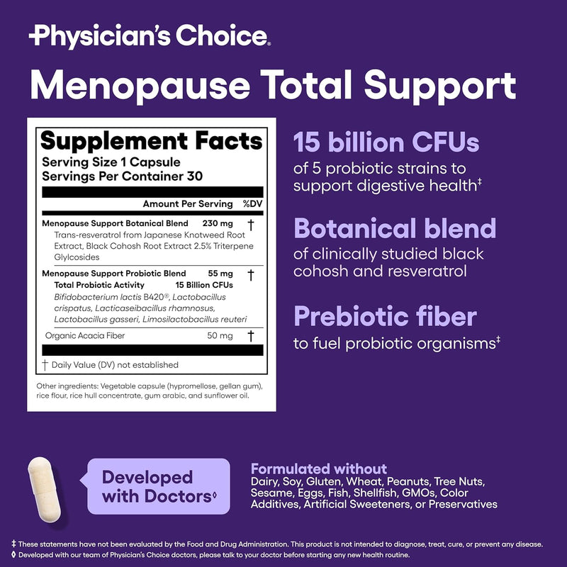 Physician's CHOICE Menopause Probiotic Supplement for Women with Black Cohosh - Support for Hot Flashes, Night Sweats, Hormone Balance, Weight Management & Gut Health - Perimenopause & Menopause Infinity Warehouse