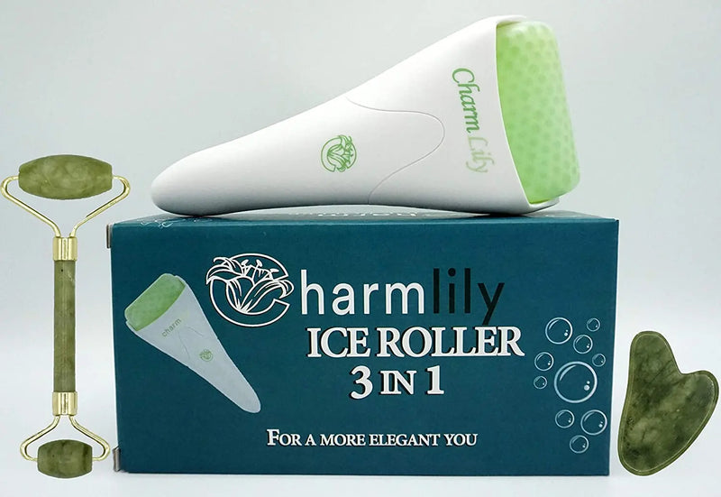 Jade & Ice Roller + Gua Sha Massager Tool Set for Face & Eyes by Charmlily, Puffiness, Reduce Wrinkle Aging, Migraine, Pain Relief on Neck & Body, Cold Facial Original Natural Stone - 3 in 1 CHARMLILY
