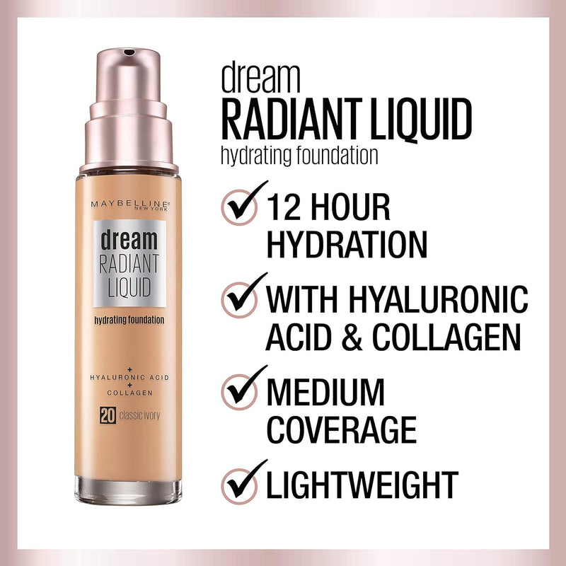Maybelline Dream Radiant Liquid Medium Coverage Hydrating Makeup, Lightweight Liquid Foundation, Natural Beige, 1 Count Infinity Warehouse