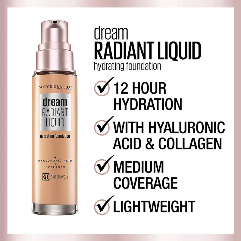 Maybelline Dream Radiant Liquid Medium Coverage Hydrating Makeup, Lightweight Liquid Foundation, Vanilla, 1 Fl; Oz Maybelline New York