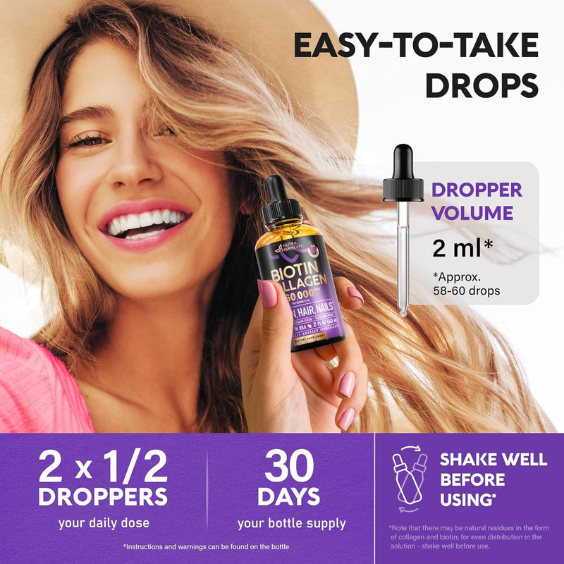 Liquid Biotin & Collagen - Vitamins for Hair Growth Support for Women & Men - Extra Strength 60000 mcg Drops - B7 Supplement - Strong Nails & Healthy Skin - 98% Faster Absorption Than Pills Infinity Warehouse