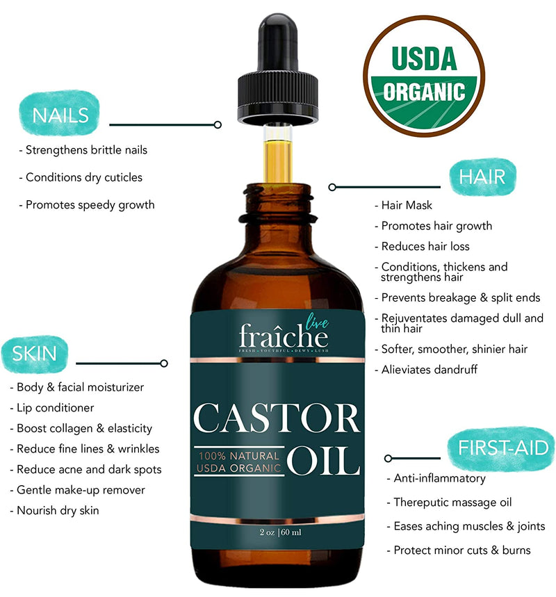 Castor Oil (2oz) + Filled Mascara Tube USDA Certified Organic, 100% Pure, Cold Pressed, Hexane Free by Live Fraiche. Stimulate Growth for Eyelashes, Eyebrows, Hair. Lash Growth Serum. Brow Treatment Live Fraiche