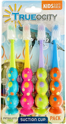 Trueocity Kids Toothbrush 4 Pack - Soft Contoured Bristles - Child Sized Brush Heads (3-10 Year Old) - Suction Cup for Fun & Easy Storage - Assorted Set (Blue, Orange, Pink, Yellow, Purple, Green) Trueocity Store
