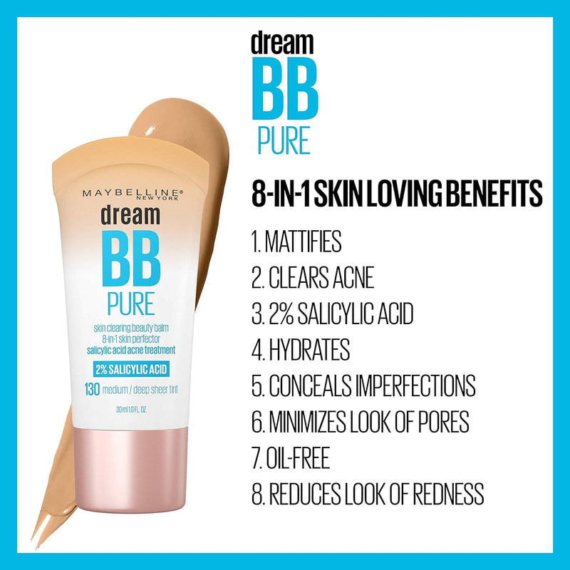 Maybelline Dream Pure Skin Clearing BB Cream, 8-in-1 Skin Perfecting Beauty Balm With 2% Salicylic Acid, Sheer Tint Coverage, Oil-Free, Light/Medium, 1 Count Infinity Warehouse