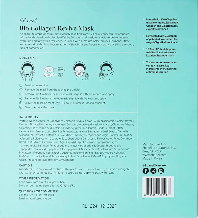 Ebanel Bio Collagen Face Mask, 4-Pack Hydrating Face Masks with 7 Peptides, Hyaluronic Acid, Niacinamide, Centella, Rose Water, Ceramide, and B5, Glass Skin Tightening and Lifting Korean Sheet Masks Infinity Warehouse