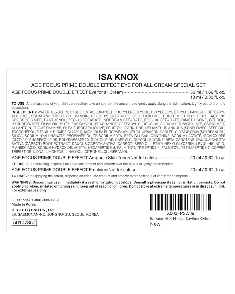 Isa Knox AGE FOCUS Prime Double Effect Eye For All Cream Set (3.4fl oz) - Korean Skincare Set, Lightweight Rich Eye Cream, Toner, Emulsion by LG Beauty. Daytime Retinol. Infinity Warehouse