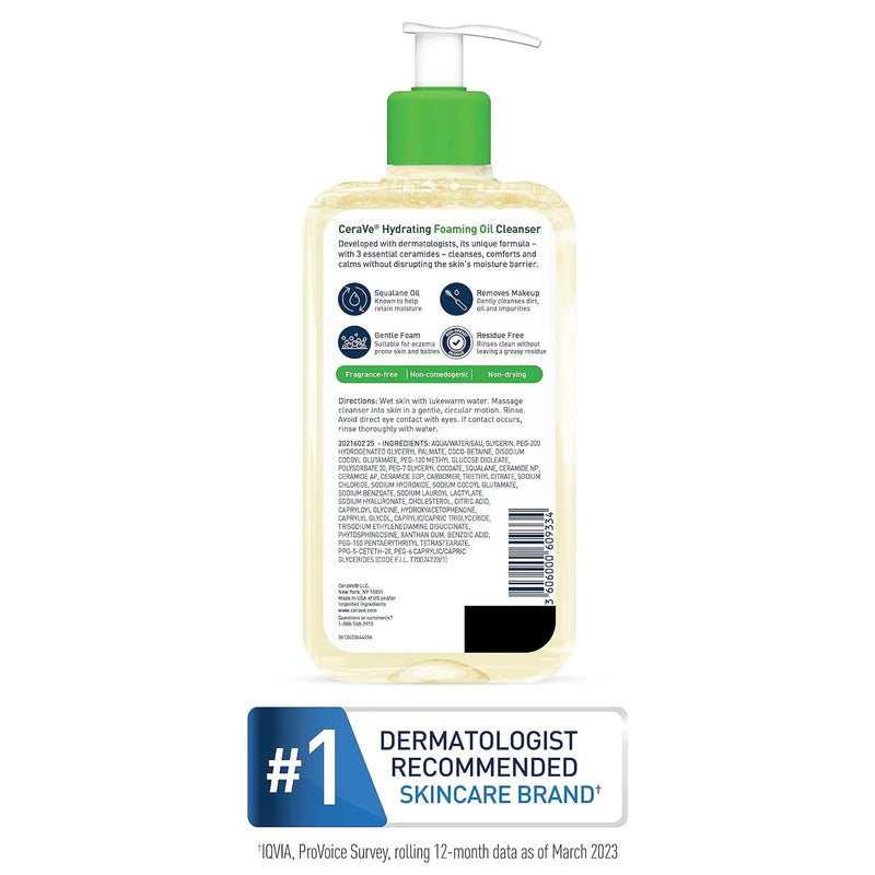 CeraVe Hydrating Foaming Oil Cleanser, Moisturizing Cleanser for Face & Body, Squalane Oil + Hyaluronic Acid + Ceramides, For Dry to Very Dry Skin, Fragrance Free & Residue Free, 8 FL Oz Infinity Warehouse