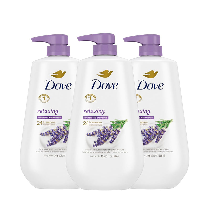 Dove Body Wash with Pump Relaxing Lavender Oil & Chamomile 3 Count for Renewed, Healthy-Looking Skin Gentle Skin Cleanser with 24hr Renewing MicroMoisture 30.6 oz Infinity Warehouse