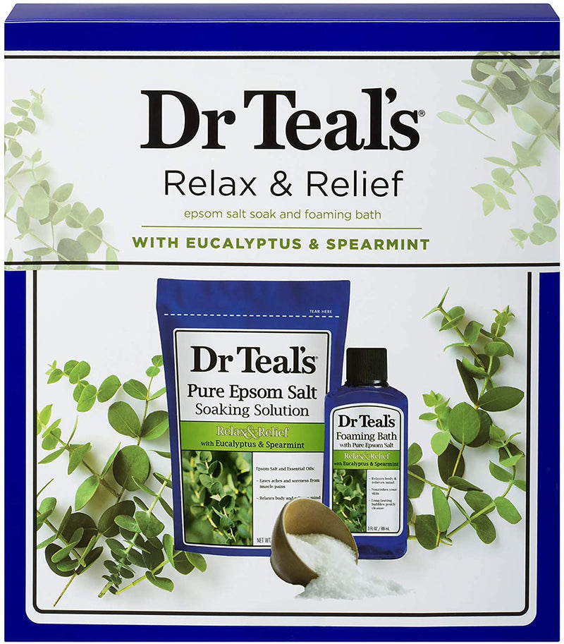 Dr Teal's Eucalyptus Epsom Salt & Foaming Bath Oil Sampler Gift Set - Give The Gift of Rejuvenation & Self Care! - 14 oz Bag of Eucalyptus Bath Salts & 3 oz Bottle of Eucalyptus Foaming Bath Oil Dr Teal's