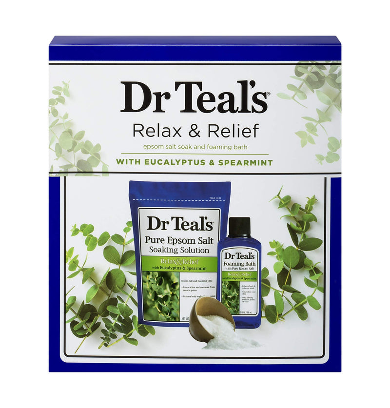 Dr Teal's Eucalyptus Epsom Salt & Foaming Bath Oil Sampler Gift Set - Give The Gift of Rejuvenation & Self Care! - 14 oz Bag of Eucalyptus Bath Salts & 3 oz Bottle of Eucalyptus Foaming Bath Oil Dr Teal's