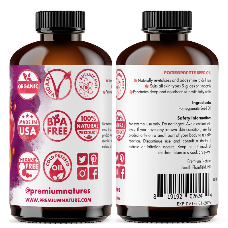 Organic Pomegranate Seed Face Oil. 100% Pure Unrefined Cold Pressed for Essential Oils. Rejuvenates Hair, Promotes Skin Elasticity. Gua Sha Oil. Antioxidant Moisturizer for Hair Skin and Nails 4 oz Premium Nature