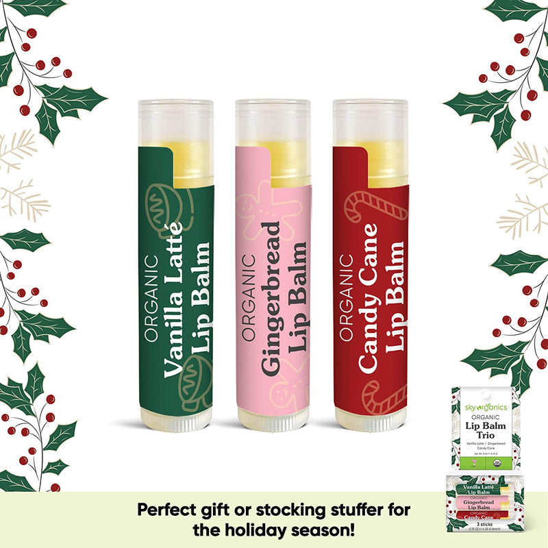USDA Organic Lip Balm Trio by Sky Organics (3 Sticks) Winter Flavors Gift Pack Cruelty-Free Candy Cane, Gingerbread, Vanilla Latté Lip Balm Gift Set for Dry Lips Limited Edition Made In USA Sky Organics