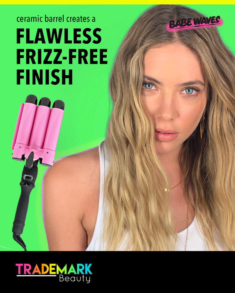 Trademark Beauty Babe Waves 3 Barrel Curling Iron Hair Waver, 1.25 Inch Quick Heat, Adjustable Temperature Hair Curler, Perfect Beach Waver, Hair Styling Tools, 32mm Jumbo Ceramic Wand, Pink Babe Waves