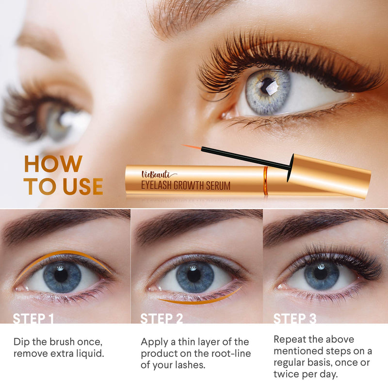 VieBeauti Premium Eyelash Growth Serum and Eyebrow Enhancement Formula, Boosts Natural Lash Growth for Thicker, Fuller Lashes and Eyebrows (3ML) | Gold Packaging, 0.1 Fl. Oz. VieBeauti