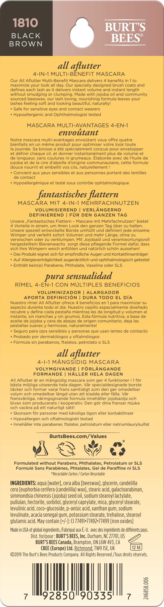 Burts Bees 100% Natural Origin All Aflutter Multi-Benefit Mascara, Black Brown 0.32 Ounce Burt's Bees