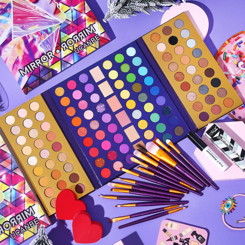 UCANBE 5pcs Eyeshadow Makeup Set -114 Shades MIRROR Eye Shadow Palette, 15 Soft Brushes Set, 1 Eye Primer Base, 2 Make up Blending Sponges, All In One Gift Kit UCANBE