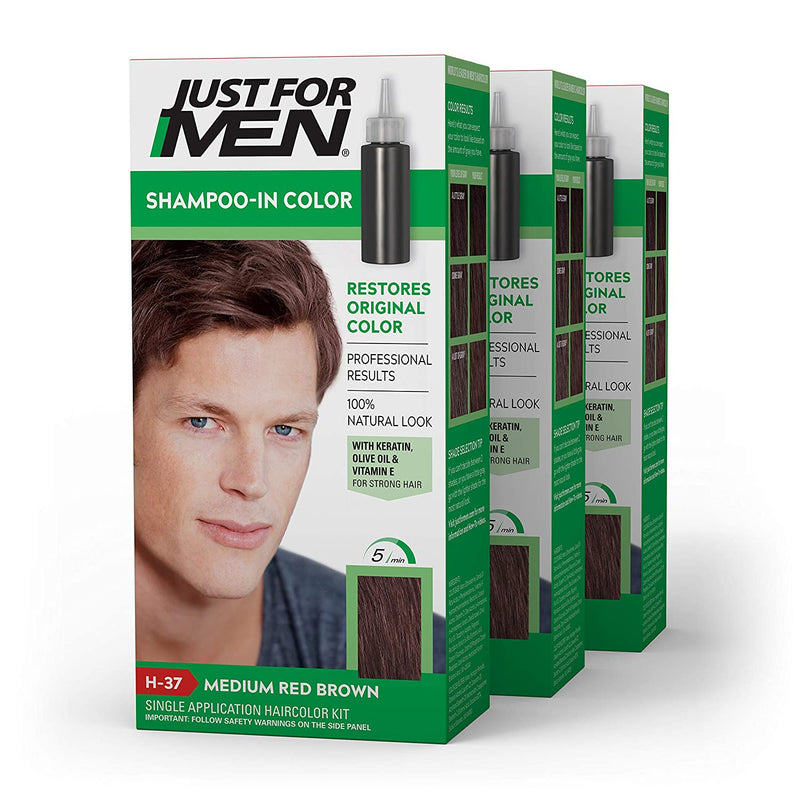 Just for Men Shampoo-in Color (Formerly Original Formula), Gray Hair Coloring for Men, Medium Red Brown, H-37, Pack of 3 Just for Men Store