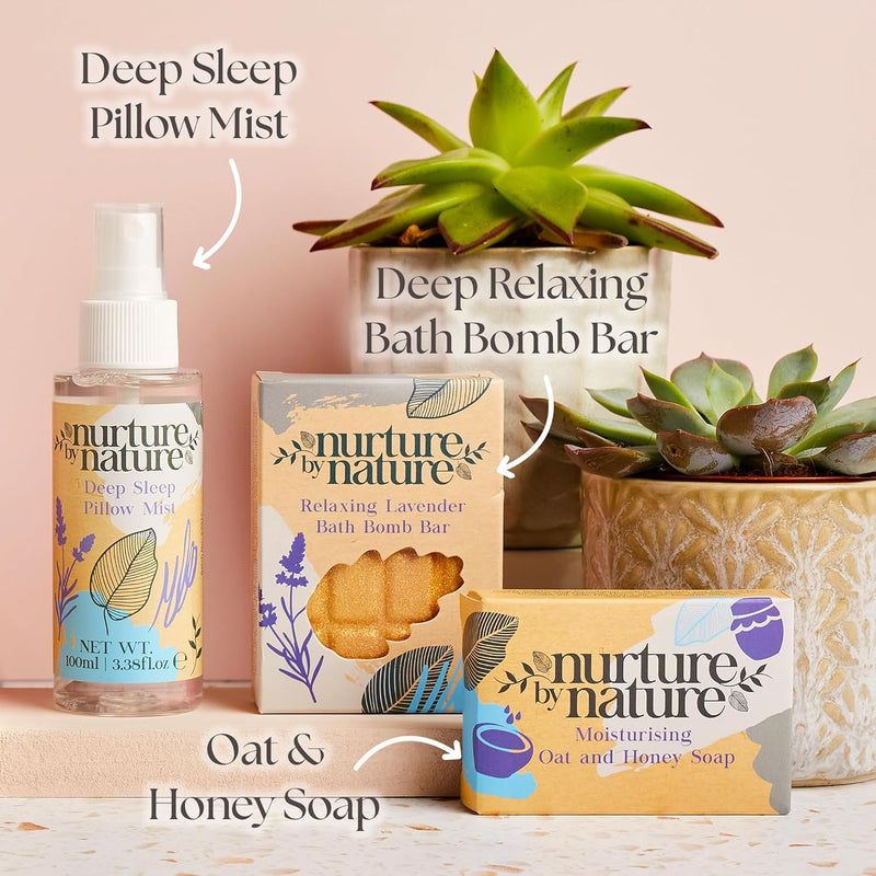 Nurture by Nature RELAX & CALM Spa Kit - Birthday Gifts for Women - Spa Gift Baskets For Women, 6-in-1 Self Care Kit, Bath Sets Gift - Lavender Pillow Mist, Bath Salts, Body Scrub, Bath Bomb Infinity Warehouse