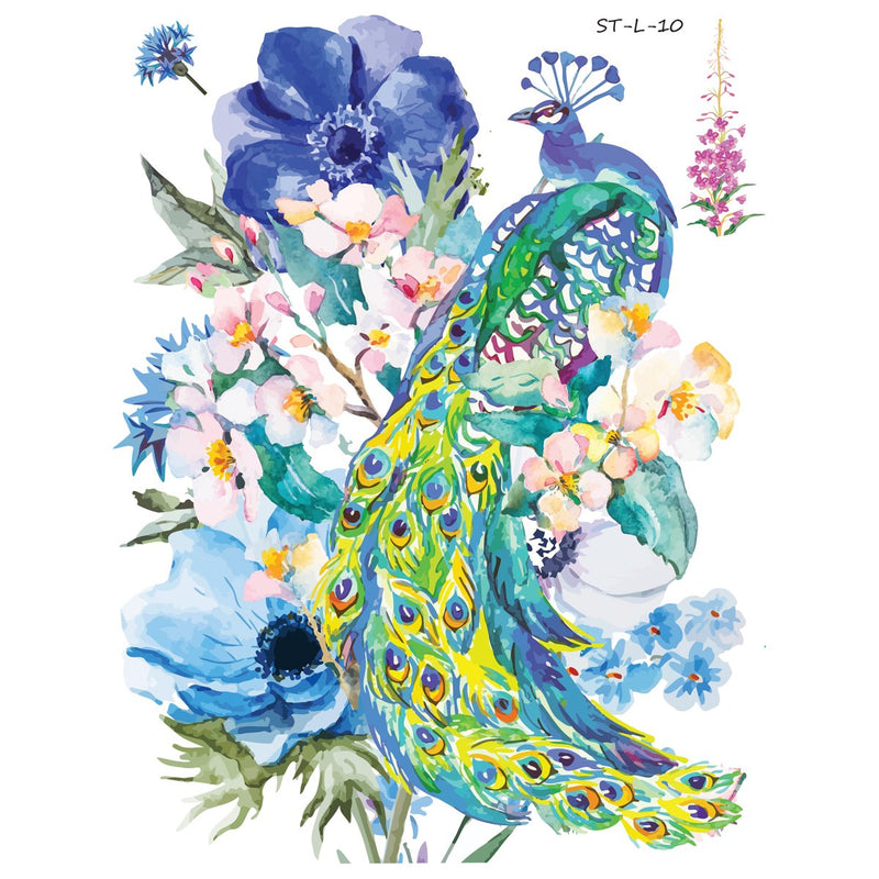 Supperb® Temporary Tattoos - Watercolor Dream of peacock & Blue Flowers Supperb