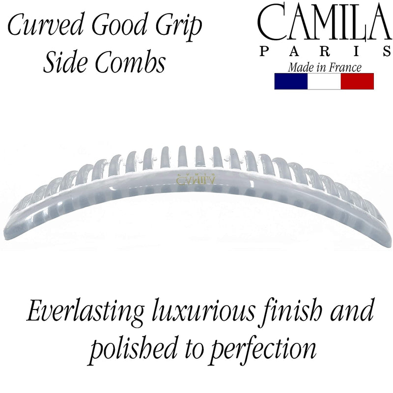 Camila Paris CP2911 French Side Combs Large 2 Pack Curved, Clear Flexible Durable Cellulose Hair Combs, Strong Hold Grip Hair Clips for Women, No Slip Styling Girls Hair Accessories, Made in France Camila Store