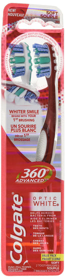 Colgate 360 Advanced Optic White Toothbrush, Soft, 2 Count Colgate
