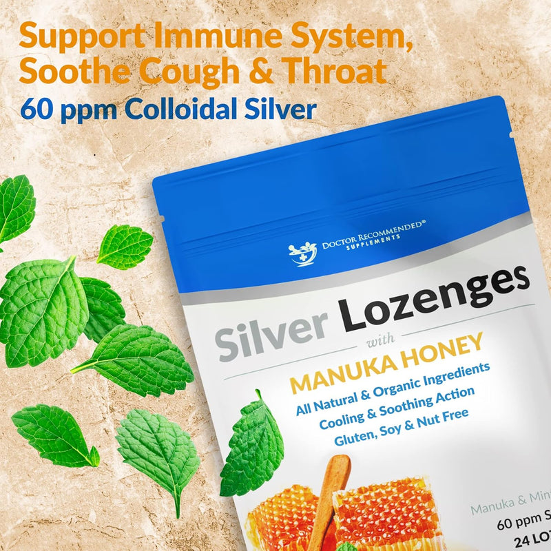Silver Lozenges with Organic Manuka Honey and Vitamin C - All-Natural Nano Silver 45-50mcg of 60 PPM Colloidal Silver Mineral Drops to Support Immune System, Soothe, Cool Cough & Throat, 24-Lozenges Infinity Warehouse