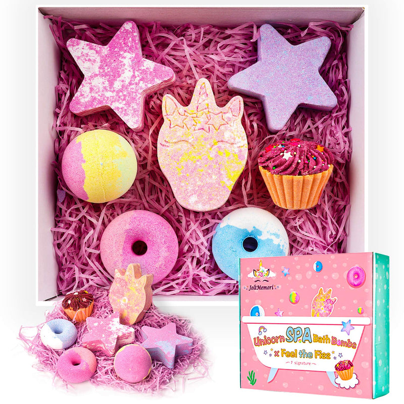 Bath Bombs Unicorns Gifts for Girls 7PCS Bath Bomb Gift Set with Natural Essential Oils Great Valentines' Day Birthday Gift for Kids Girls Women JoltMemori