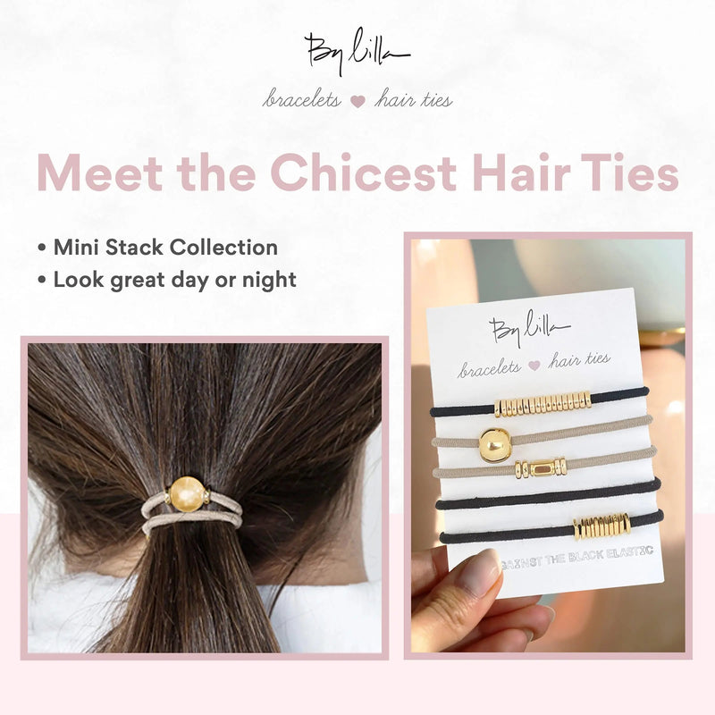 By Lilla Downtown Mini Stack Elastic Hair Ties and Bracelets | Set of 5 Hair Tie-Bracelets | Hair Accessories for Women | No Crease Hair Ties & Women’s Bracelets (Black / Gold / Nude / Brown) By Lilla