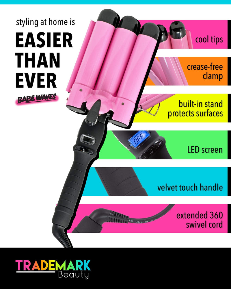 Trademark Beauty Babe Waves 3 Barrel Curling Iron Hair Waver, 1.25 Inch Quick Heat, Adjustable Temperature Hair Curler, Perfect Beach Waver, Hair Styling Tools, 32mm Jumbo Ceramic Wand, Pink Babe Waves