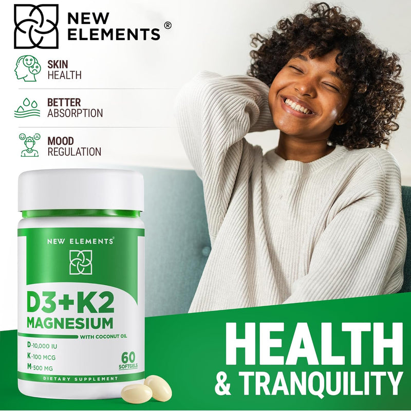 Vitamin D3 K2 10,000 IU with Magnesium Glycinate 500mg - Bone Health, Immune Support, Energy & Mood - Non-GMO, Gluten-Free, Sugar-Free Softgels for Women & Men (60 softgels) Infinity Warehouse