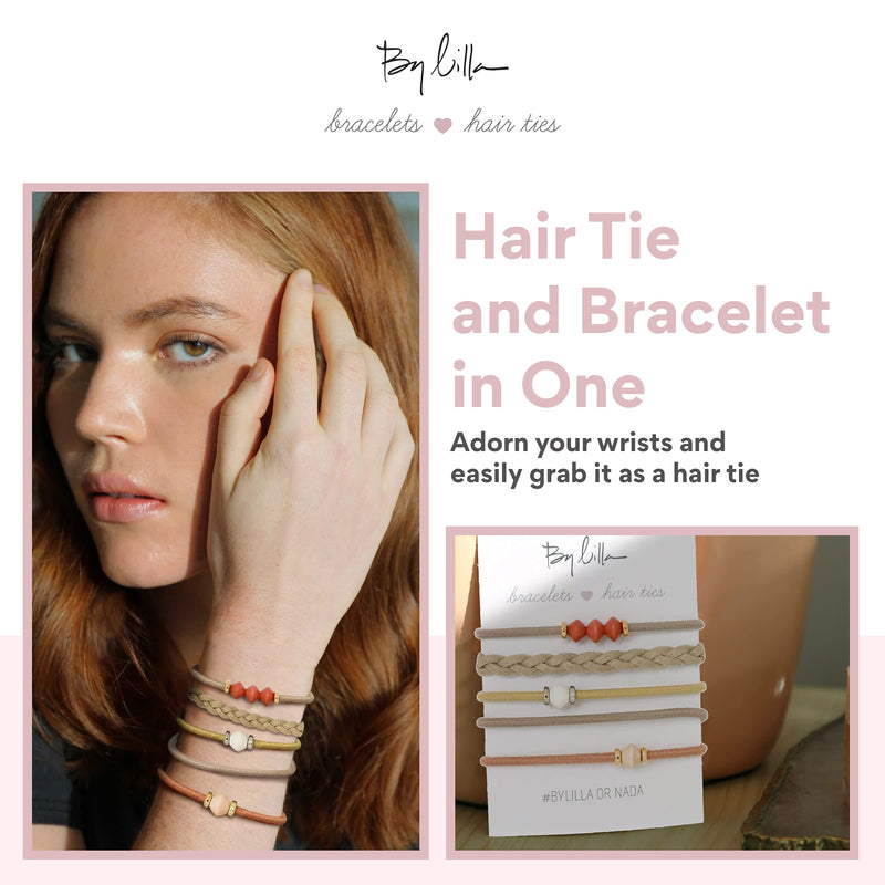 By Lilla Limestone Mini Stack Elastic Hair Ties and Bracelets | Set of 5 Hair Tie-Bracelets | Hair Accessories for Women | No Crease Hair Ties & Women’s Bracelets (Brown / Gold / Nude / Orange) By Lilla