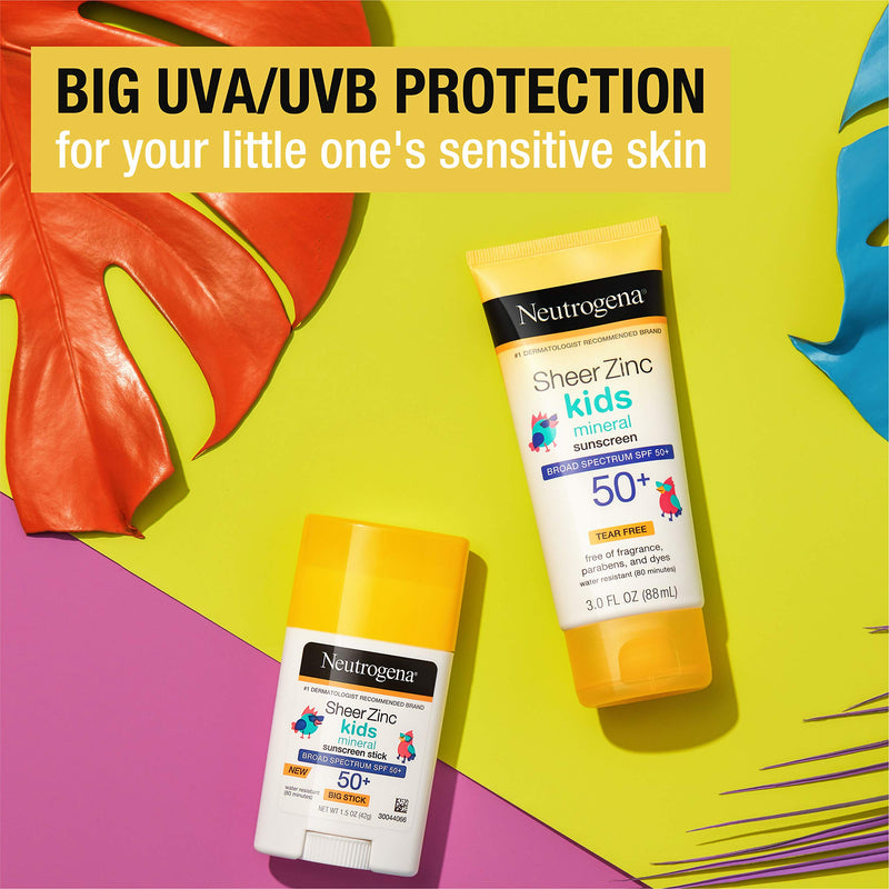 Neutrogena Sheer Zinc Oxide Kids Mineral Sunscreen Stick, Broad Spectrum SPF 50+ & UVA/UVB Protection & Water Resistant with Residue Free, No Mess Application/Oil/Paraben/Fragrance, 1.5 Oz Neutrogena