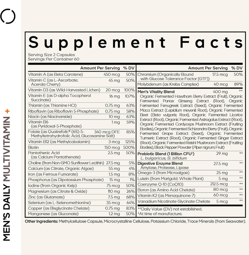 Codeage Men’s Daily Multivitamin – 25+ Essential Vitamins & Minerals, Organic Whole Foods, Probiotics, Omega-3, Zinc, Vitamins A, B, C, D, E & K – 120 Capsules Infinity Warehouse