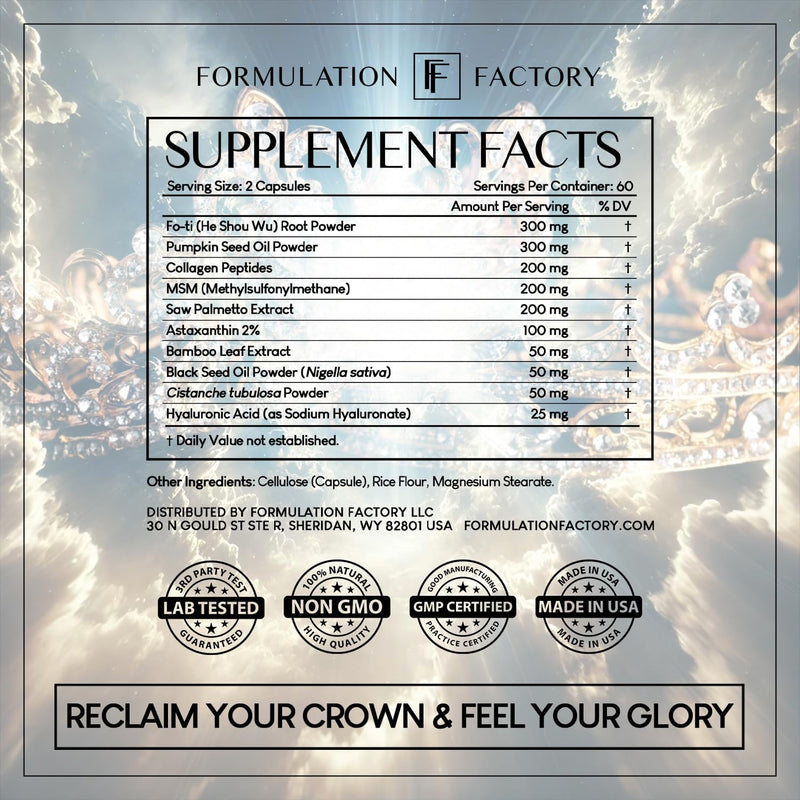 Formulation Factory Crown of Glory 10-in-1 Hair Growth Maximizer, DHT Blocker with Saw Palmetto, Fo-Ti, Collagen, Supports Thicker Hair & Scalp Health (2 Month Supply, 120 Capsules) Infinity Warehouse
