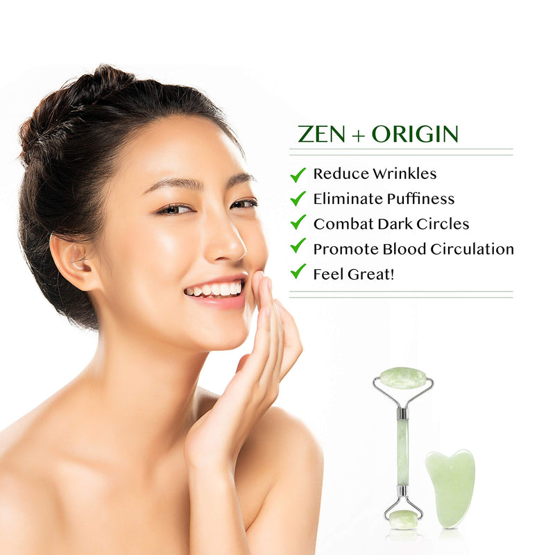 Jade Roller and Gua Sha Set - 100% Natural Jade Stone Face Roller, Dual Sided Massage Roller Stimulates Blood Flow, Relieves Stress, Reduces Signs of Aging, Travel Pouch Included, Gift Box ZEN + ORIGIN