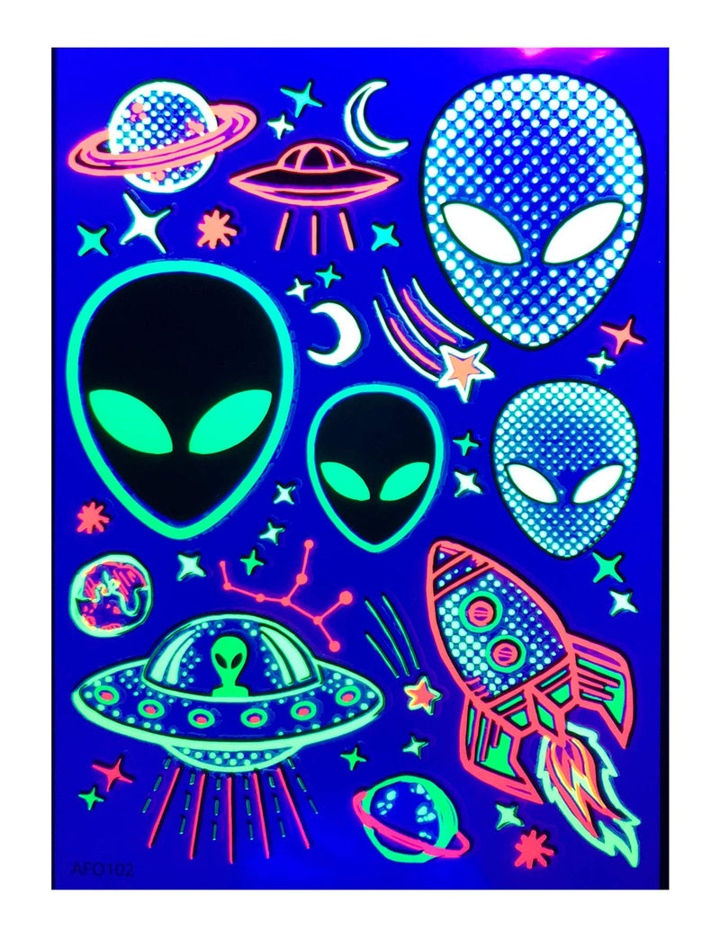 Temporary Tattoos – 1 Sheet Alien UFO Design Body Art Blacklight Reactive Light Festival Accessories Glow in the Dark Party Supplies | 7.2” x 5.2” Temp Tattoos Great for EDM EDC Party Rave Parties d'IRIS studio
