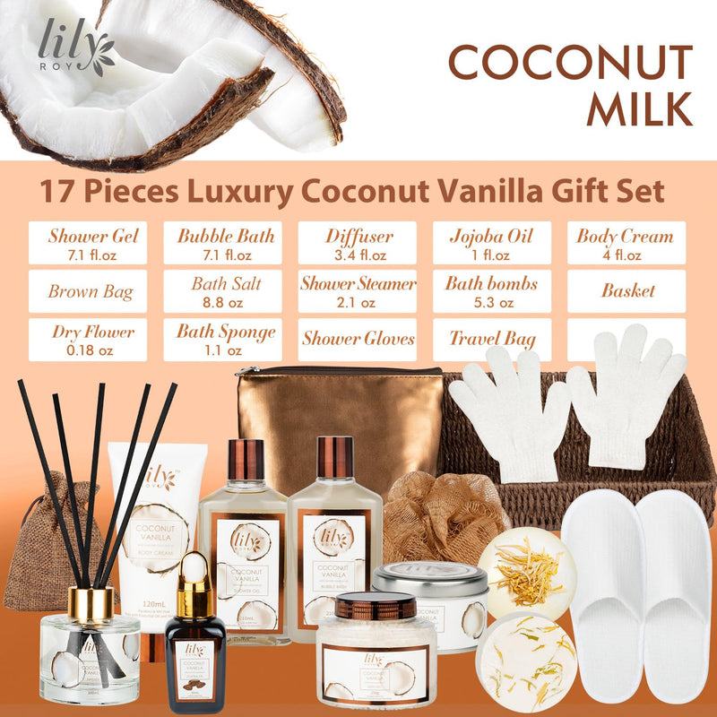 Bath and Body Gift Basket Set for Women - Coconut Vanilla Spa Gift Basket for Women 17-Piece Luxury Bath Gift Set with Shower Gel Self Care Pampering Gifts for Mothers Day, Christmas, Birthday Gifts Infinity Warehouse