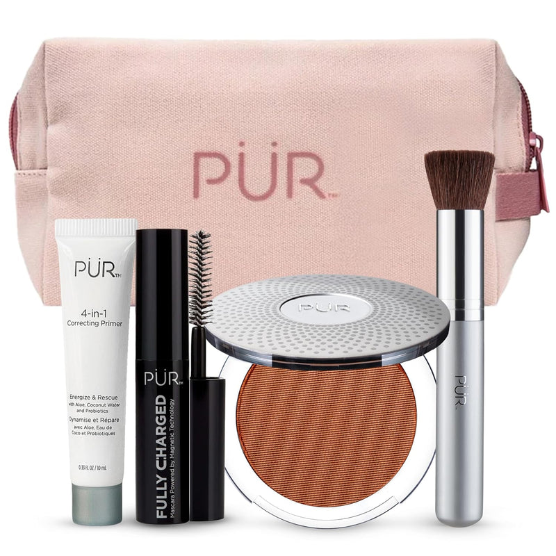PÜR Minerals Multitasking Essentials Kit - Makeup Gift Set Includes 4-in-1 Correcting Primer, Fully Charged Mascara, 4-in-1 Pressed Mineral Powder & 1 Chisel Brush Infinity Warehouse