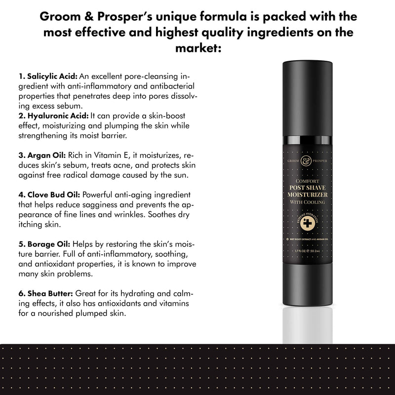 GROOM & PROSPER - Comfort Post-Shave Cooling Moisturizer with Hyaluronic Acid, Salicylic Acid, Beet Root Extract, Borage Seed Oil, Cocoa Butter, and Brazil Nut Oil - 1.7 Oz Groom & Prosper