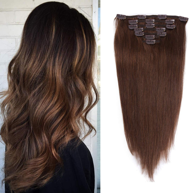 18 inches Clip in Hair Extensions Remy Human Hair - 7pcs 120g Silky Straight Thick 100% Real Medium Brown Human Hairpieces Clip on for Women Beauty (18inch - 120g, 4