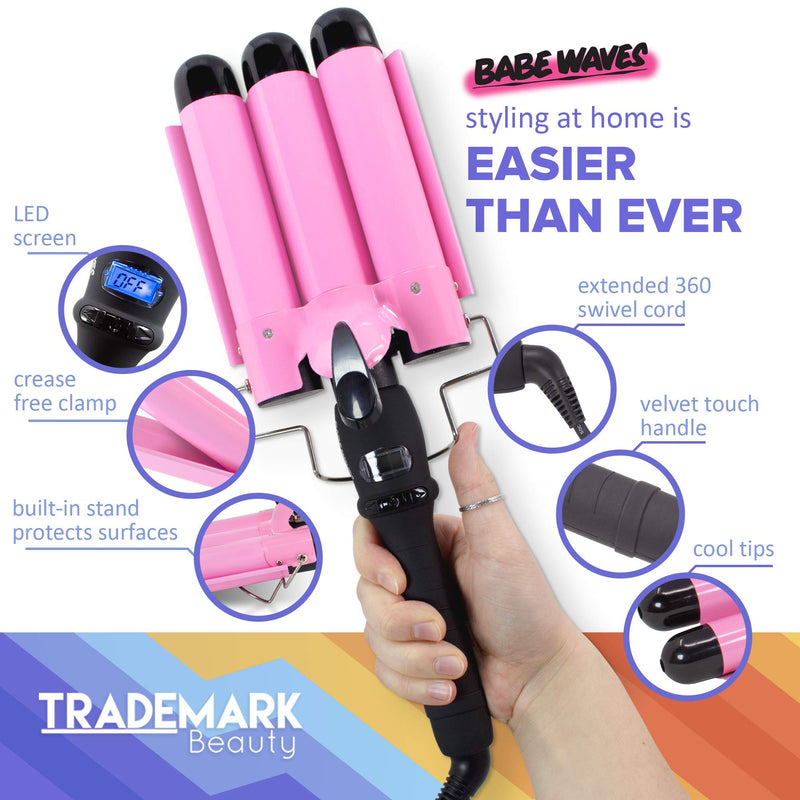 Trademark Beauty Babe Waves 3 Barrel Curling Iron Hair Waver, 1.25 Inch Quick Heat, Adjustable Temperature Hair Curler, Perfect Beach Waver, Hair Styling Tools, 32mm Jumbo Ceramic Wand, Pink Babe Waves